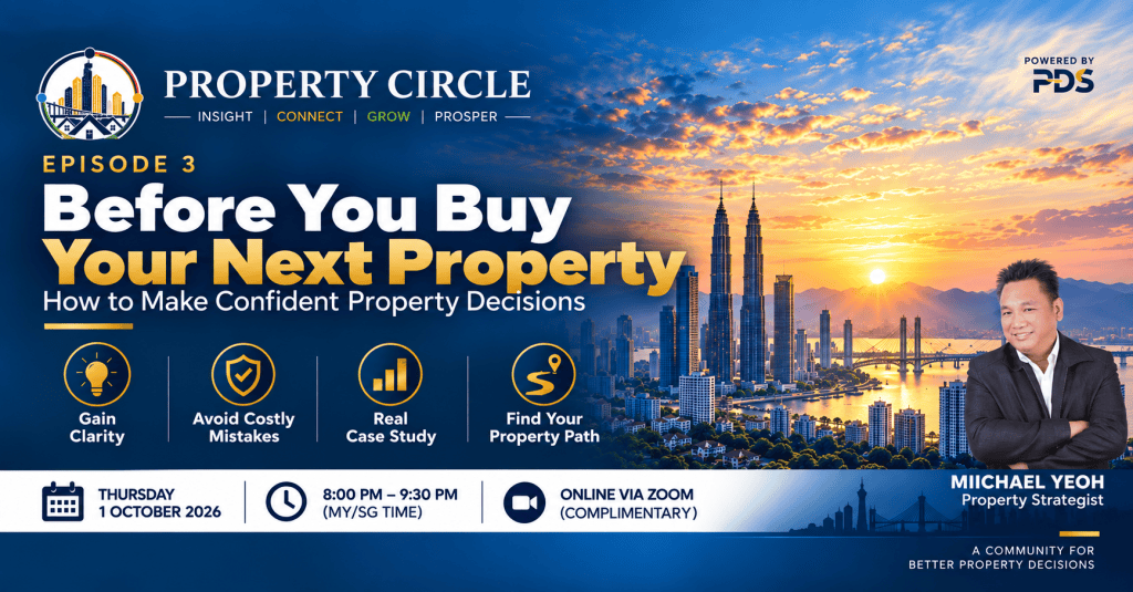 Promotional banner for a virtual property seminar titled 'Before You Buy Your Next Property' with speaker Michael Yeoh, featuring event details, date, and keywords related to property decision-making.